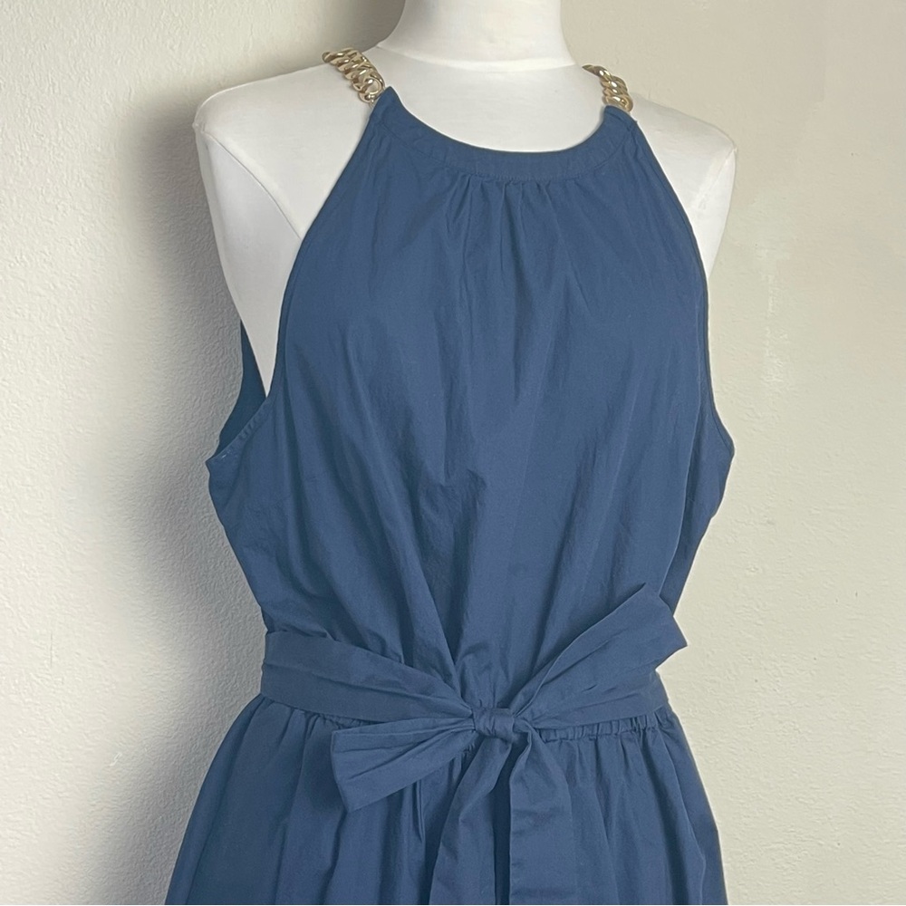 Talbots Navy Blue Gold Chain Shoulder Strap Midi Fit & Flare Cotton Dress | 16P - Picture 4 of 15